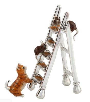 SATURNO Silver and Enamel CAT and MICE on LADDER