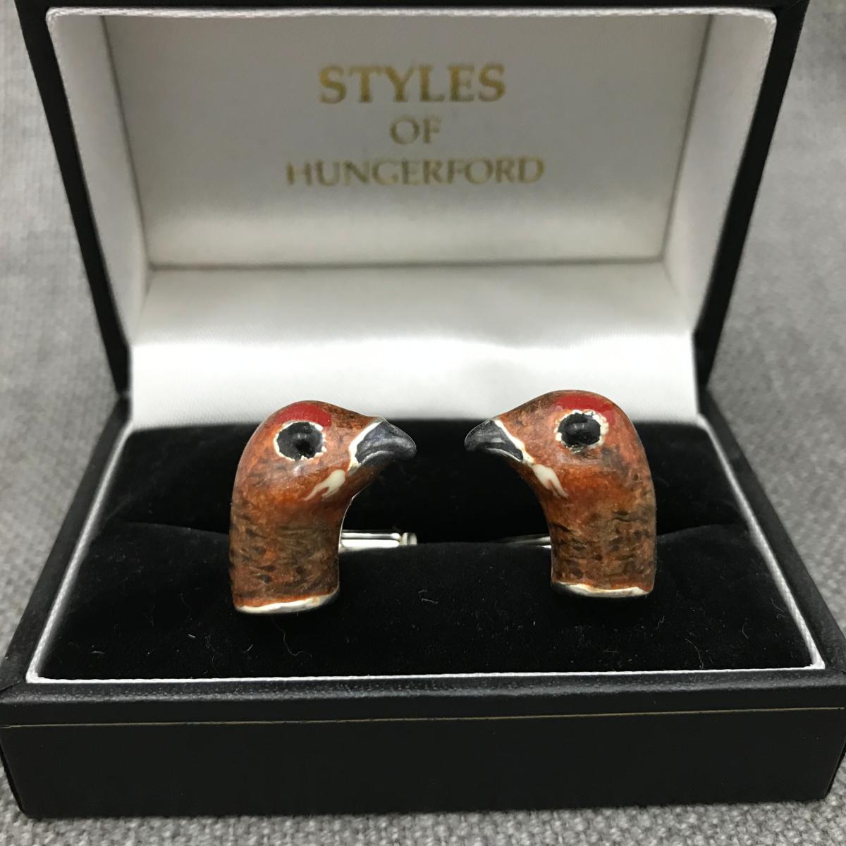 SATURNO Silver & Enamel GROUSE CUFFLINKS - STYLES SILVER of HUNGERFORD
