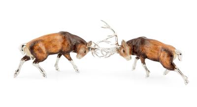 SATURNO Silver and Enamel PAIR RUTTING STAGS
