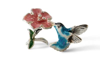 SATURNO Silver and Enamel  HUMMINGBIRD AND FLOWER KINGFISHER