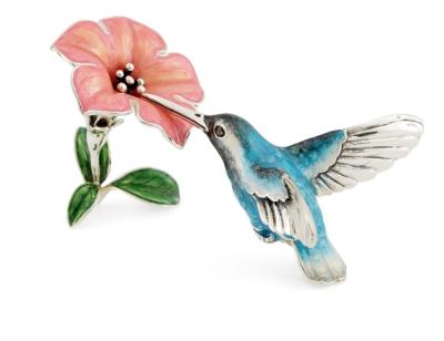 SATURNO Silver and Enamel  HUMMINGBIRD AND FLOWER KINGFISHER